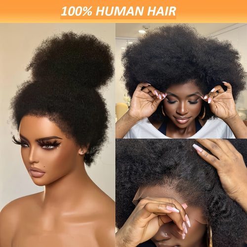 Afro Kinky Curly 13x4 Lace Front, 180% Density Mongolian Hair, Preplucked Full Lace Wig with Realistic Hairline, Glueless Remy Human Hair Wig, Natural Kinky Edges,